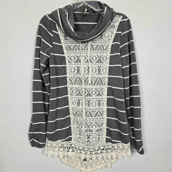 Vanity Gray Striped Lace Trim Hoodie Top Medium - Picture 1 of 6